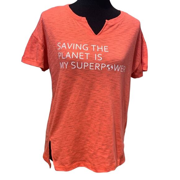 Hand Printed Upcycled Womens Medium Saving the Planet is My Superpower Tee - Picture 2 of 3